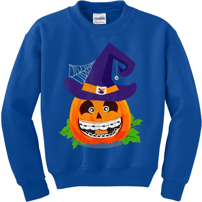 Pumpkin Witch Teeth Braces Dental Dentist Halloween Spooky Funny Gift Kids Sweatshirt