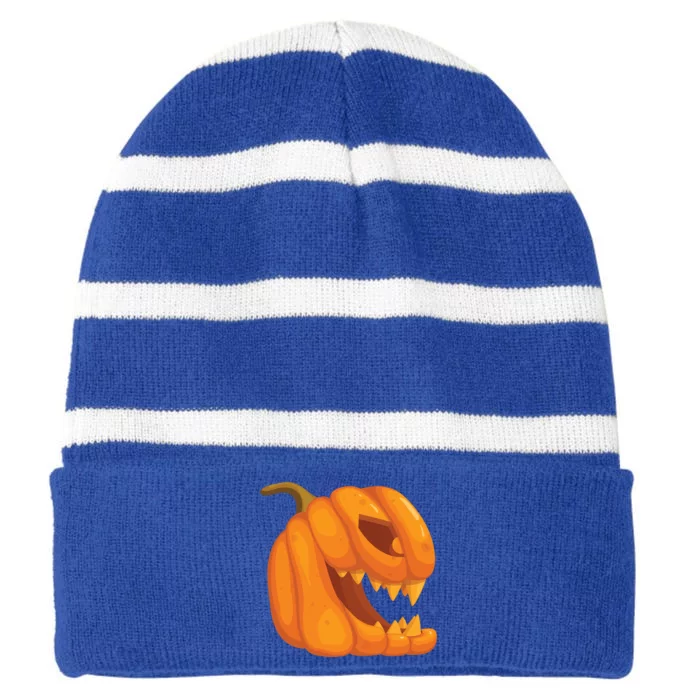 Pumpkin With Teeth Scary Face Halloween October 31St Gift Striped Beanie with Solid Band