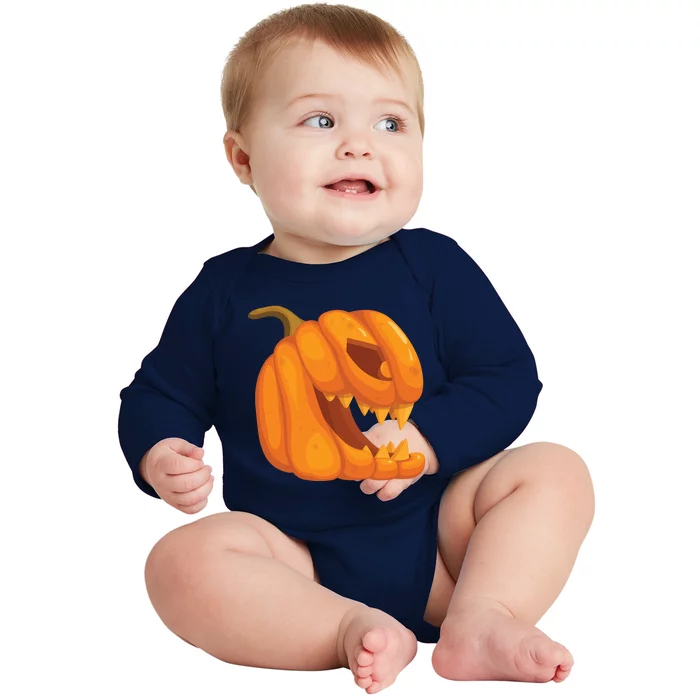 Pumpkin With Teeth Scary Face Halloween October 31St Gift Baby Long Sleeve Bodysuit