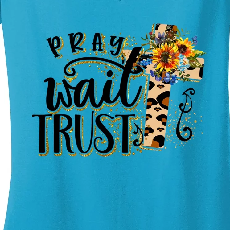 Pray Wait Trust Christian Faith Jesus God Lover Leopard Gift Women's V-Neck T-Shirt