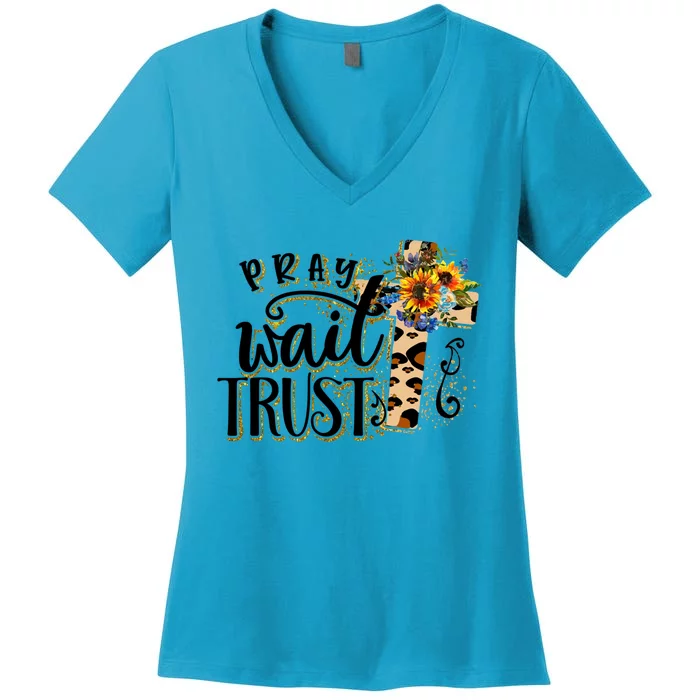 Pray Wait Trust Christian Faith Jesus God Lover Leopard Gift Women's V-Neck T-Shirt