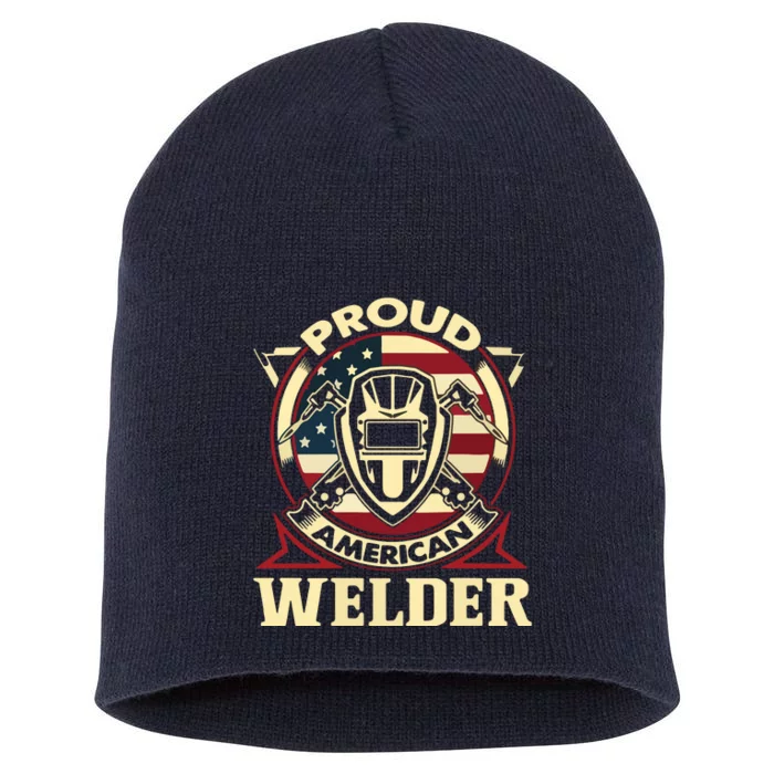 Proud Welder US American Flag Pipefitter Retro Welding Gift Short Acrylic Beanie