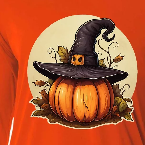 Pumpkin Wearing Witch Hat Halloween Theme Fall Leaves Cooling Performance Long Sleeve Crew