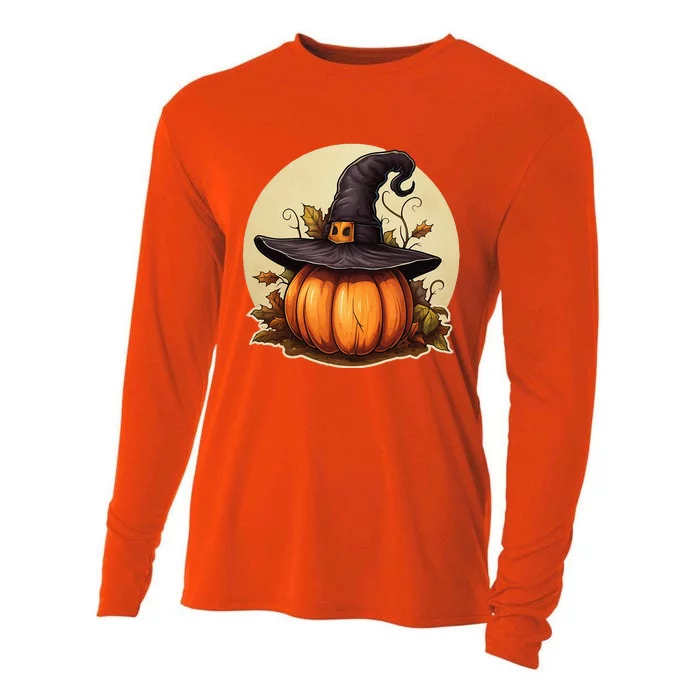 Pumpkin Wearing Witch Hat Halloween Theme Fall Leaves Cooling Performance Long Sleeve Crew