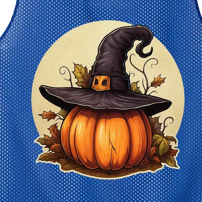 Pumpkin Wearing Witch Hat Halloween Theme Fall Leaves Mesh Reversible Basketball Jersey Tank