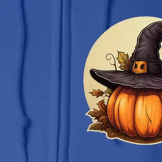 Pumpkin Wearing Witch Hat Halloween Theme Fall Leaves Full Zip Hoodie