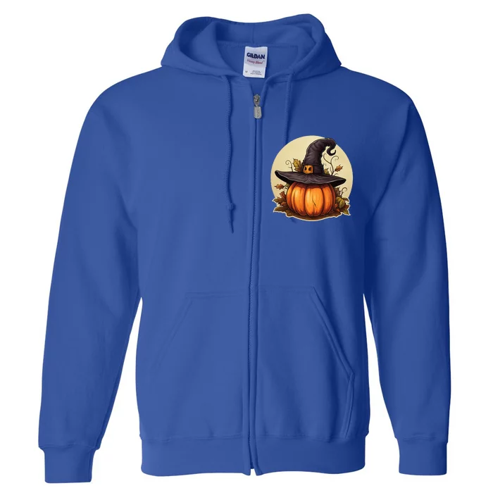 Pumpkin Wearing Witch Hat Halloween Theme Fall Leaves Full Zip Hoodie