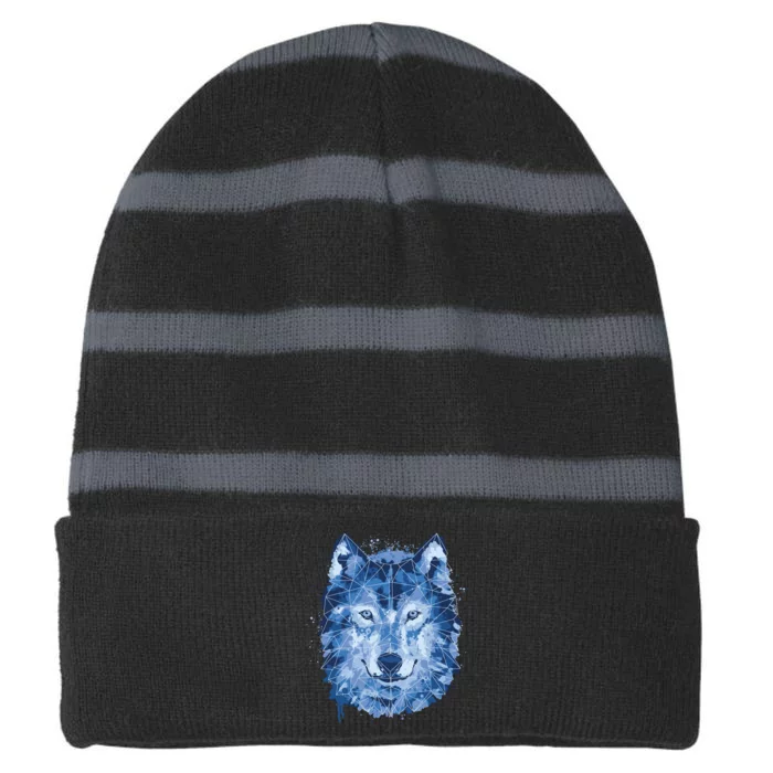 Polygon Wolf Wild Animal Striped Beanie with Solid Band