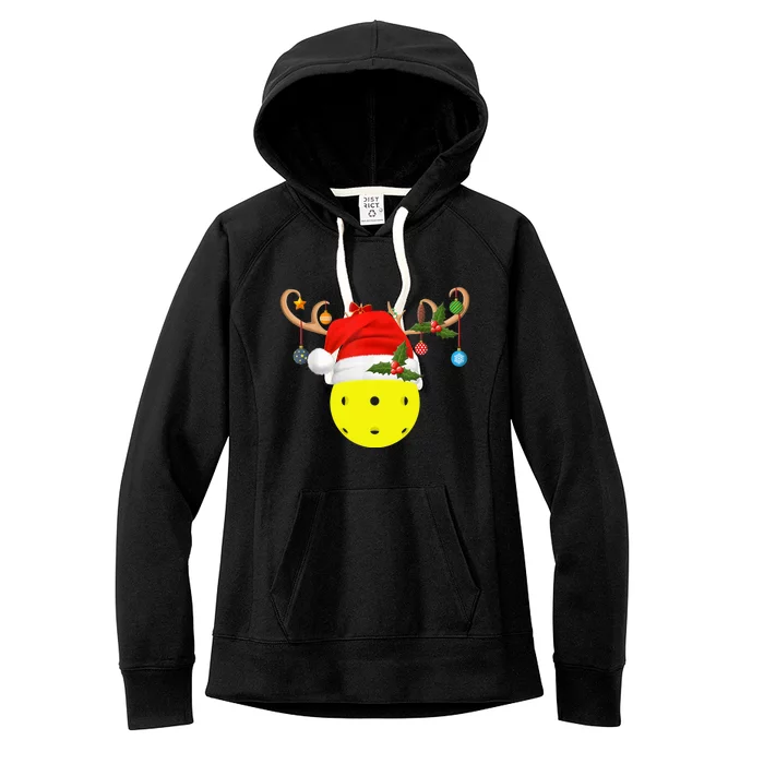 Pickleball Xmas Gift Reindeer Santa Hat Pickleball Christmas TShirt Women's Fleece Hoodie