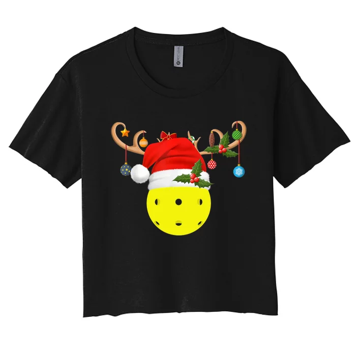 Pickleball Xmas Gift Reindeer Santa Hat Pickleball Christmas TShirt Women's Crop Top Tee