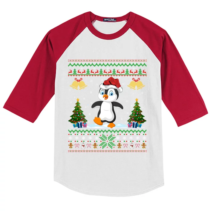 Penguin Xmas Gift Santa Hat Ugly Penguin Christmas Gift Kids Colorblock Raglan Jersey