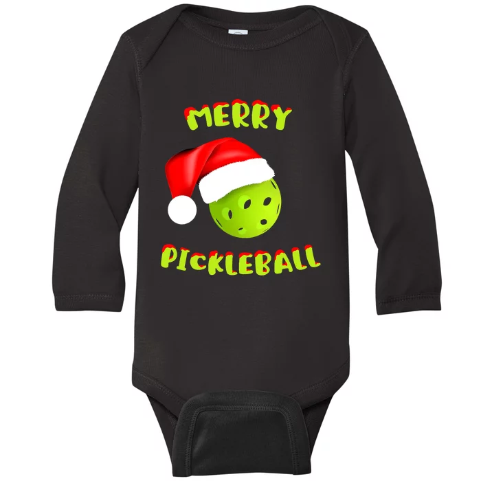 Pickleball Xmas Gift Reindeer Santa Hat Pickleball Christmas Baby Long Sleeve Bodysuit