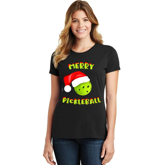 Pickleball Xmas Gift Reindeer Santa Hat Pickleball Christmas Women's T-Shirt