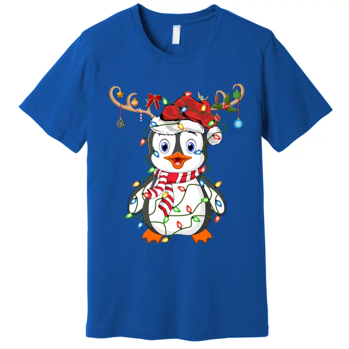 Penguin Xmas Lights Reindeer Santa Hat Penguin Christmas Great Gift Premium T-Shirt