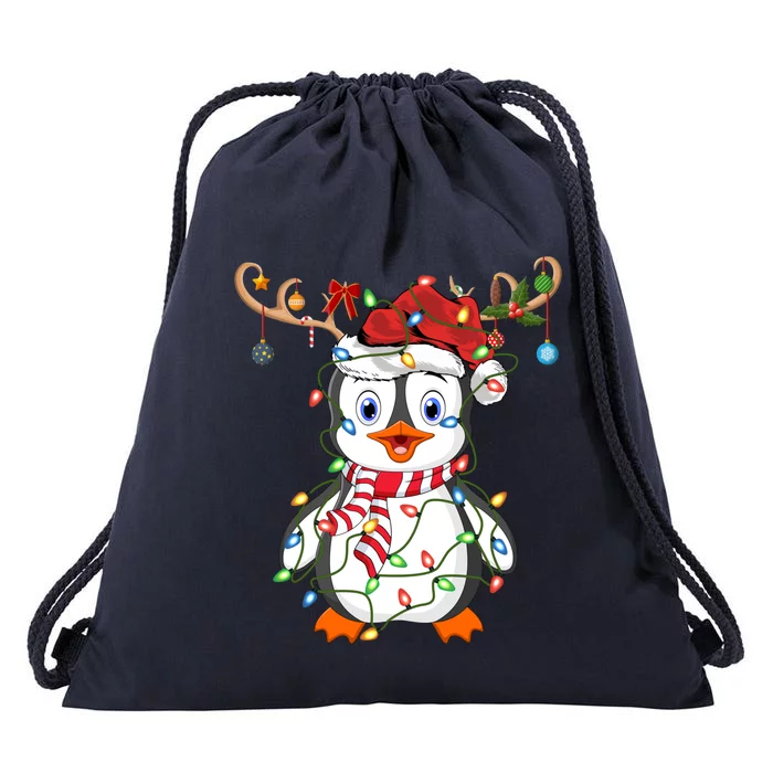 Penguin Xmas Lights Reindeer Santa Hat Penguin Christmas Great Gift Drawstring Bag