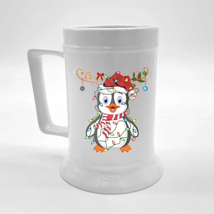 Penguin Xmas Lights Reindeer Santa Hat Penguin Christmas Gift Front & Back Beer Stein