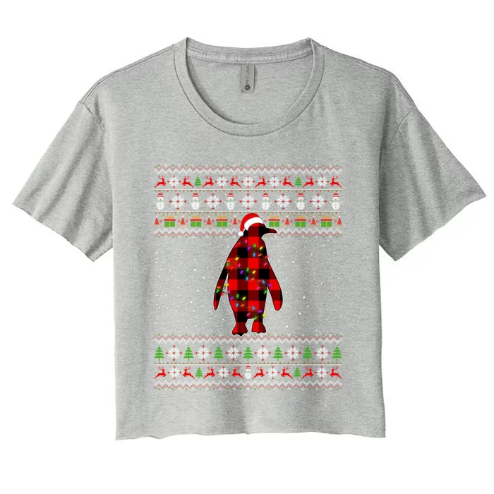 Penguin Xmas Redplaid Penguin Ugly Christmas Pajamas Gift Women's Crop Top Tee