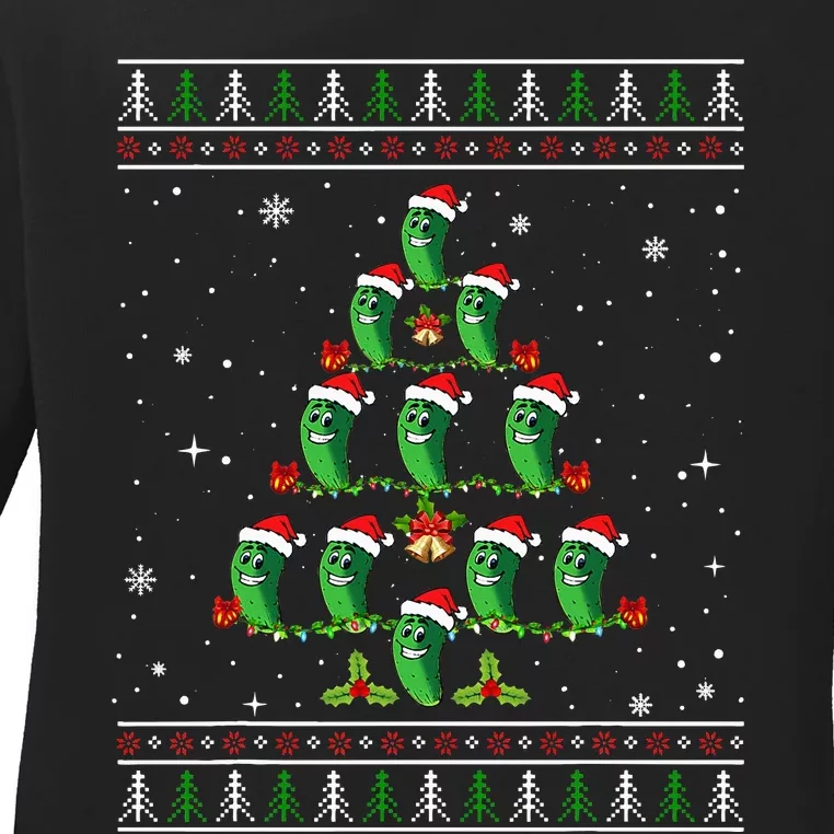 Pickle Xmas Tree Santa Hat Pickle Fruit Christmas Ugly Ladies Long Sleeve Shirt