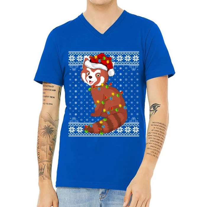 Panda Xmas Ugly Sweater Santa Lighting Red Panda Christmas Cute Gift V-Neck T-Shirt