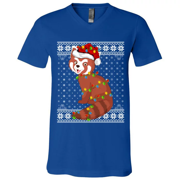 Panda Xmas Ugly Sweater Santa Lighting Red Panda Christmas Cute Gift V-Neck T-Shirt