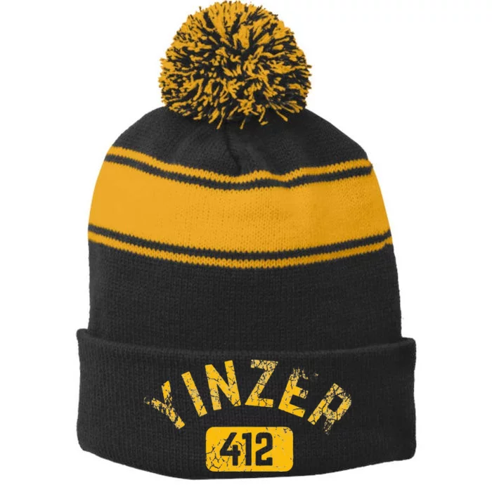 Pittsburgh Yinzer 412 Sl City Pennsylvania Funny Vintage Stripe Pom Pom Beanie