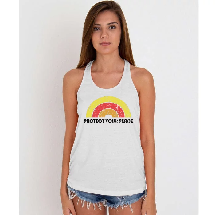 Protect Your Peace Mindful Yoga Vintage Rainbow Sun Boho Hip Women's Knotted Racerback Tank