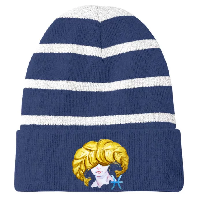 Pisces Zodiac Sign Watercolor Illustration Striped Beanie with Solid Band