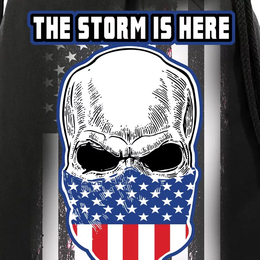 Q-Anon The Storm Is Here Skull Flag Drawstring Bag