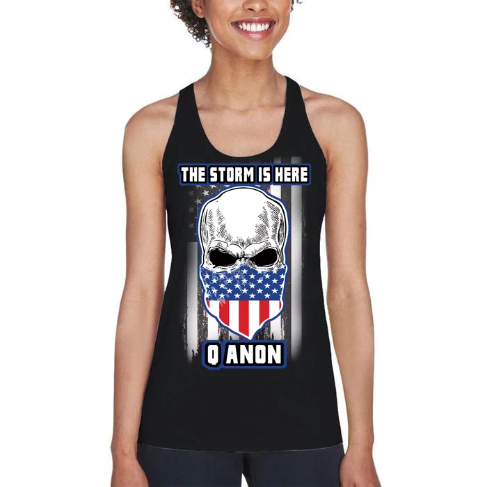 Q-Anon The Storm Is Here Skull Flag Women's Racerback Tank