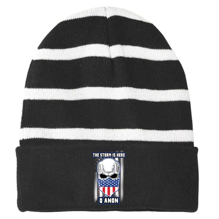 Q-Anon The Storm Is Here Skull Flag Striped Beanie with Solid Band