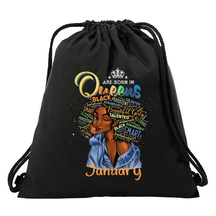 Queens Are Born In January Black Aquarius Pisces Bday Drawstring Bag