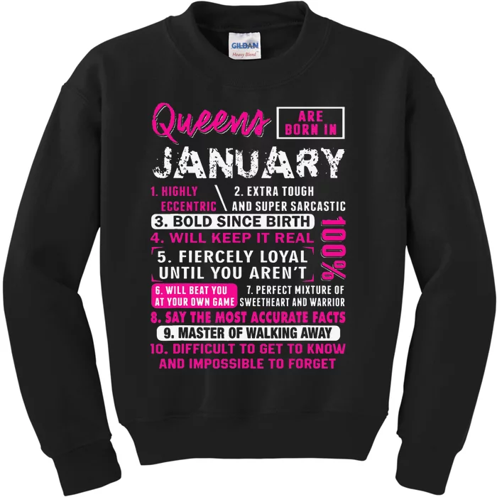 Queens Are Born In January Gifts 10 Facts Funny Birthday Kids Sweatshirt