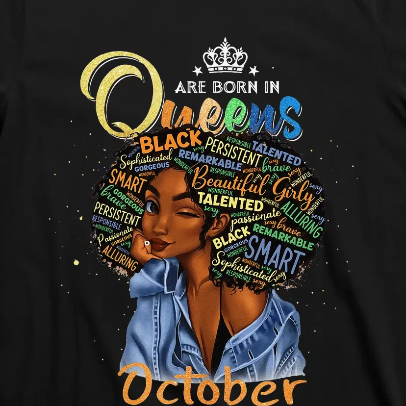 Queens Are Born In October Black Virgo Libra Birthday T-Shirt