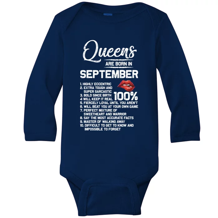 Queens Are Born In September Birthday Funny Gift Baby Long Sleeve Bodysuit