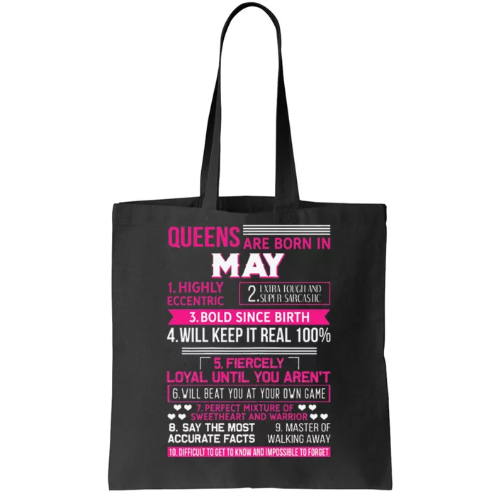 Queens Are Born In May 10 Facts Funny Birthday Party gift Tote Bag