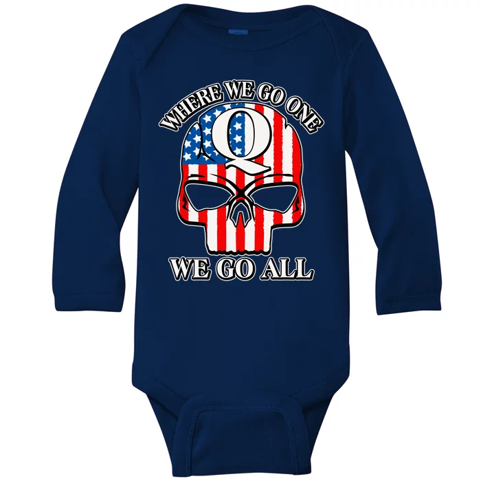 QAnon American Flag Skull Baby Long Sleeve Bodysuit