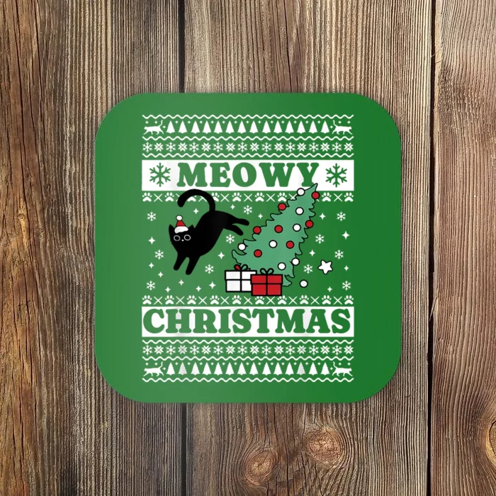 Quirky Black Cat Santa Hat Ugly Sweater Meowy Christmas Coaster