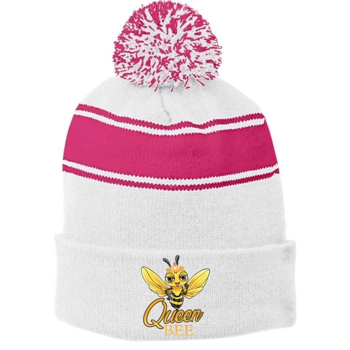 Queen Bee Crown Women Girls Honey Bee Hive Beekeeping Cool Gift Stripe Pom Pom Beanie