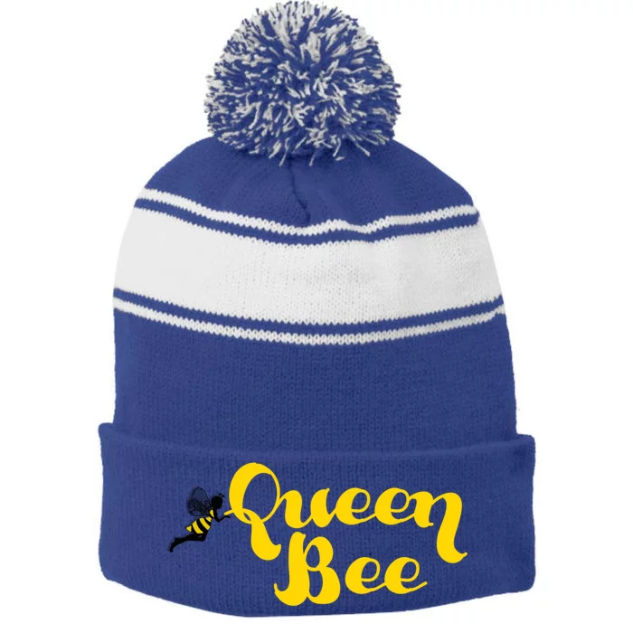 Queen Bee Design Gift Stripe Pom Pom Beanie