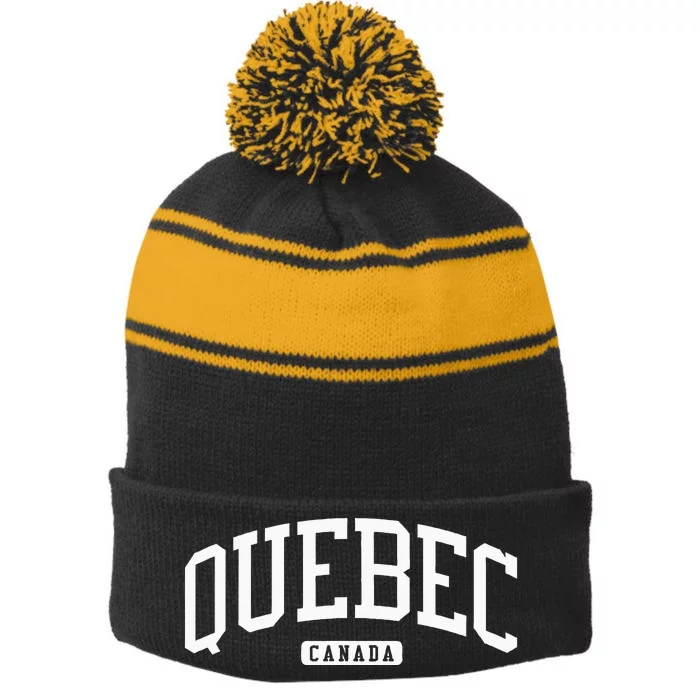 Quebec Canada College Style Stripe Pom Pom Beanie