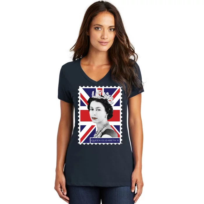 Queen Elizabeth II England Stamp Women's V-Neck T-Shirt