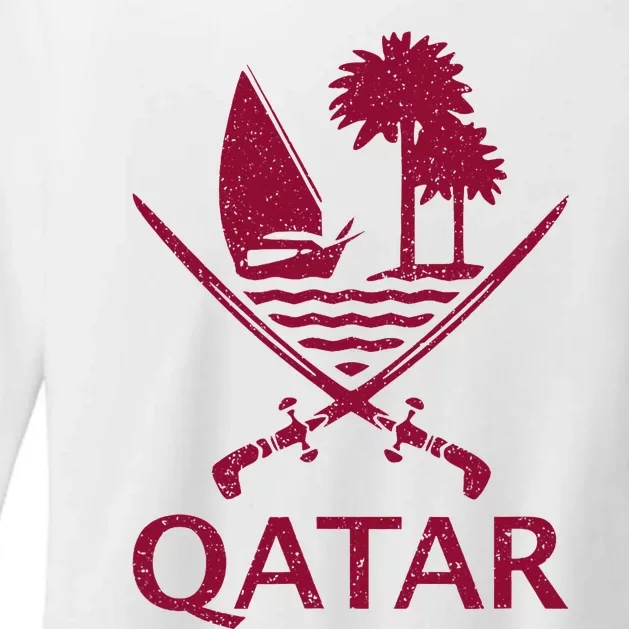 Qatar Flag Qatari Emblem Arms Womens CVC Long Sleeve Shirt