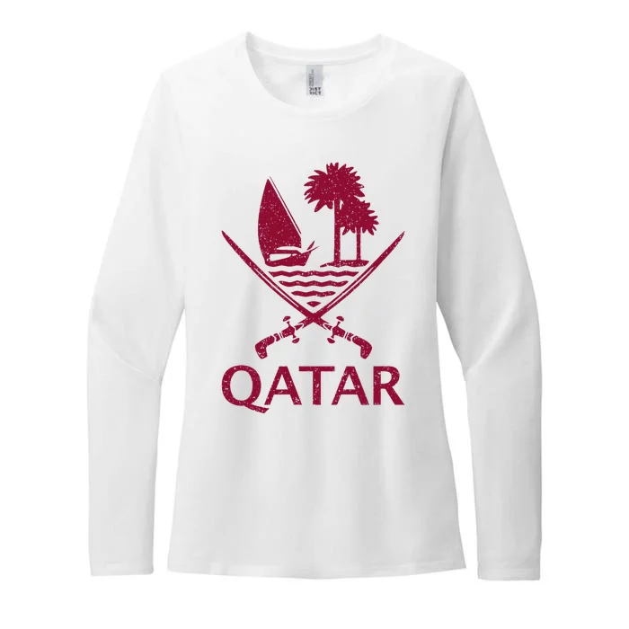 Qatar Flag Qatari Emblem Arms Womens CVC Long Sleeve Shirt