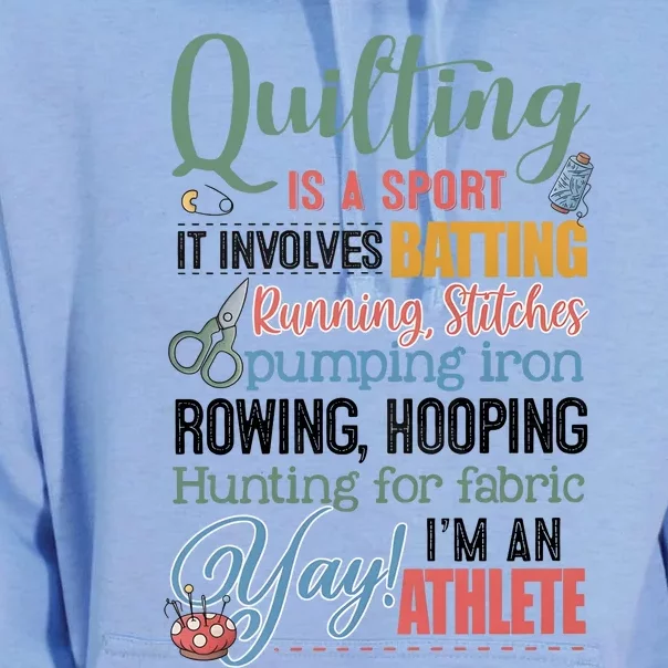 Quilting Is A Sport It Involves Batting Running Stitches Pumping Iron Unisex Surf Hoodie