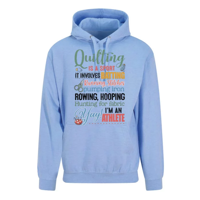 Quilting Is A Sport It Involves Batting Running Stitches Pumping Iron Unisex Surf Hoodie