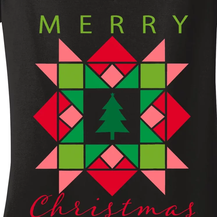 Quilter Merry Christmas Tree Quilt Block Quilting Women's V-Neck T-Shirt