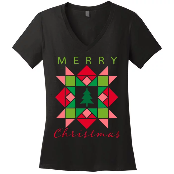 Quilter Merry Christmas Tree Quilt Block Quilting Women's V-Neck T-Shirt