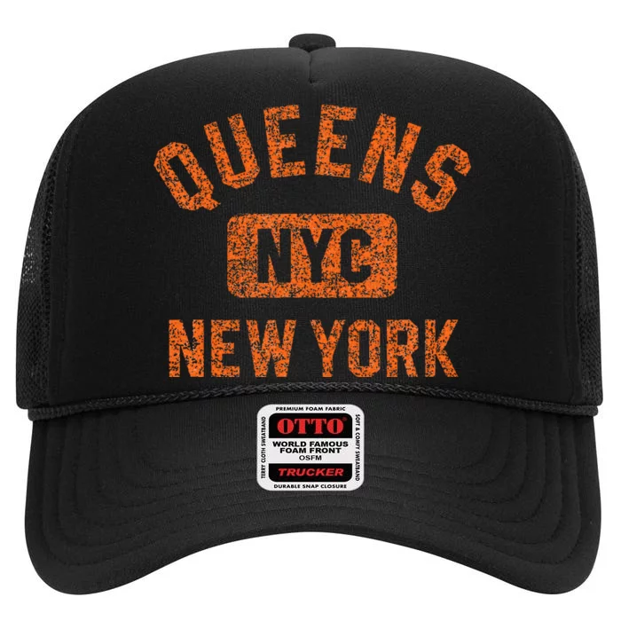 Queens Nyc New York Gym Style Distressed Orange Print High Crown Mesh Trucker Hat