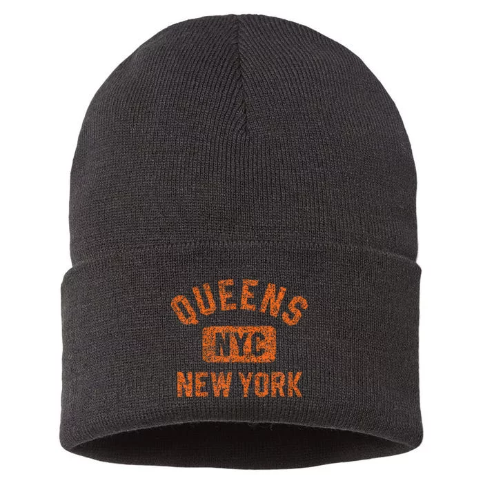 Queens Nyc New York Gym Style Distressed Orange Print Sustainable Knit Beanie