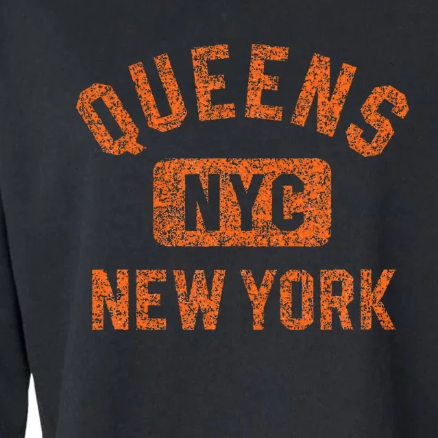 Queens Nyc New York Gym Style Distressed Orange Print Cropped Pullover Crew